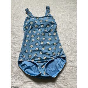 Draper James x Lands End One Piece Swimsuit 4L 4 LONG Light Blue White Magnolia